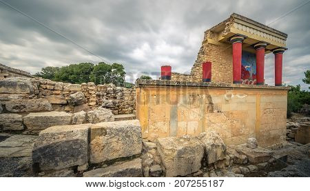 The North Entrance of the Palace with charging bull fresco in Knossos at Crete, Greece