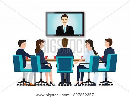 Business people attending videoconference meeting isolated on white background Business conceptual vector illustration.