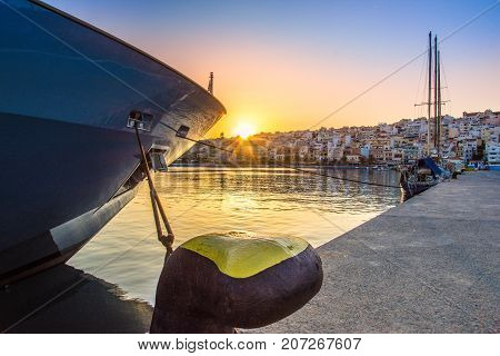 The pictursque port of Sitia, Crete, Greece at sunset. Sitia is a traditional town at the east Crete near the beach of palm trees, Vai.