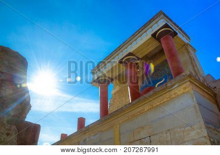 The North Entrance of the Palace with charging bull fresco in Knossos at Crete, Greece