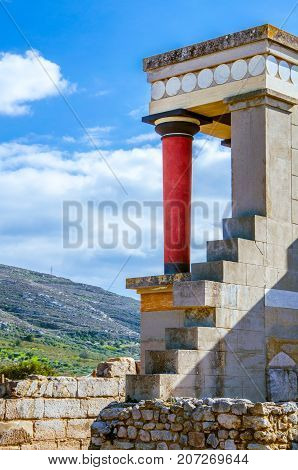 The North Entrance of the Palace with charging bull fresco in Knossos at Crete, Greece