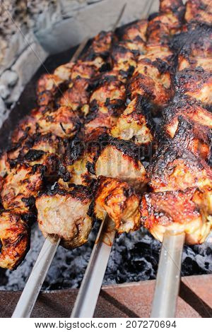 closeup of some meat skewers being grilled in a barbecue. side view