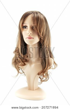 woman mannequin head fake with blond hair wig on white background