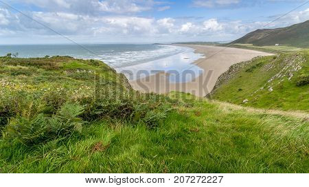 A Landscape View Of Rhossili Bay On The Gower Peninsula Swansea South Wales Uk