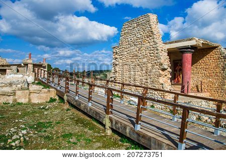 The North Entrance of the Palace with charging bull fresco in Knossos at Crete, Greece