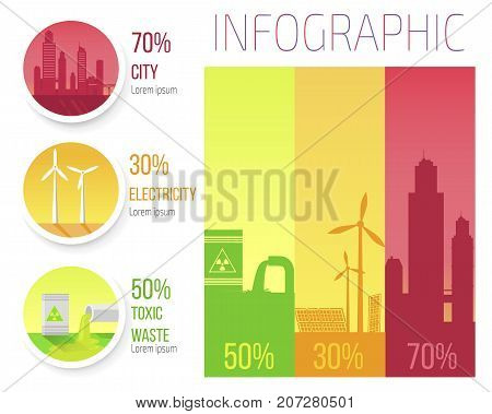 City electricity toxic waste infographic poster with windmills, overpopulated new cities, problem of smog and environment protection vector illustration