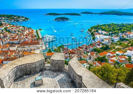 Aerial view at amazing archipelago in front of town Hvar, Croatia Mediterranean.