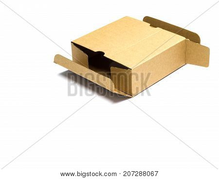 Brown cardboard box for postal delivery isolated on a white background  copy space