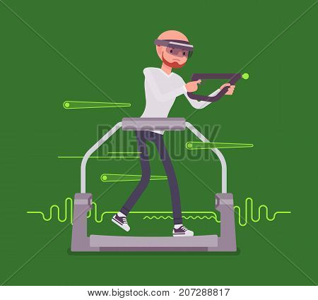 Augmented reality man with aim controller on gaming treadmill. Dynamic experience in game, real-life environment. AR and entertainment concept. Vector flat style cartoon illustration