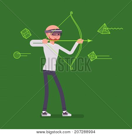 Augmented reality man in archery game. Target shooting simulation, bow and arrow to shoot, real world with computer graphics. AR and entertainment concept. Vector flat style cartoon illustration