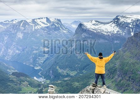 Tourist Man On Dalsnibba Viewpoint Norway