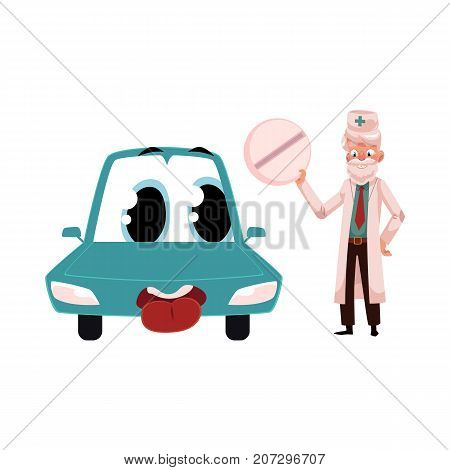 Old male doctor giving huge round pill to funny car character, cartoon vector illustration isolated on white background. Cartoon doctor curing car chatacter with pill, medicine, auto service concept