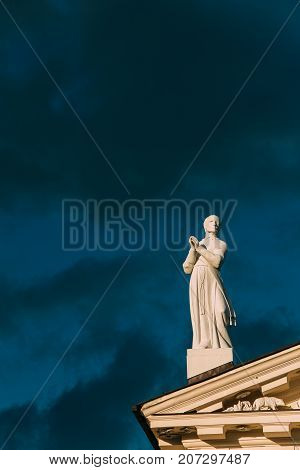 Vilnius, Lithuania. Close View Of Statue Of Saint Stanislaus Symbolized Poland On Roof Of Cathedral Basilica Of St Stanislaus And St Ladislaus.