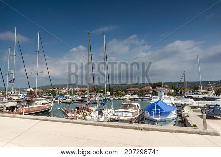 CHALKIDIKI, CENTRAL MACEDONIA, GREECE - AUGUST 25, 2014:  Panoramic view of port of Nikiti at Sithonia peninsula, Chalkidiki, Central Macedonia, Greece