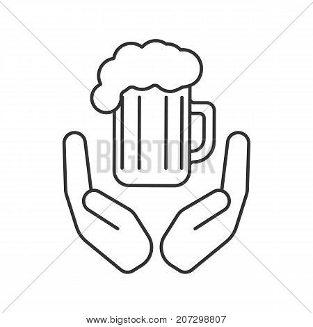 Open palms with beer mug linear icon. Free ale. Thin line illustration. Quality beer. Contour symbol. Vector isolated outline drawing