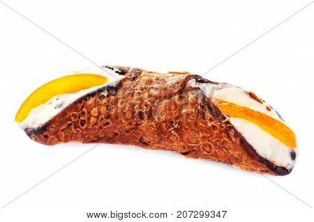 Sicilian Cannoli close up isolated on white background traditional italian dessert with ricotta cheese. Fresh Canolli macro
