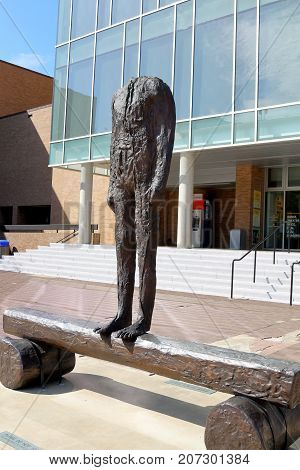 AUSTIN, TEXAS - SEPTEMBER 30, 2017: Figure of a Trunk, work of Magdalena Abakanowicz located on Bass Concert Hall Plaza