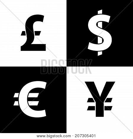 Currency exchange icons. Dollar euro pound sterling and yen. Black icons isolated on white background. Currency simple silhouette. Web site page and mobile app design vector element.
