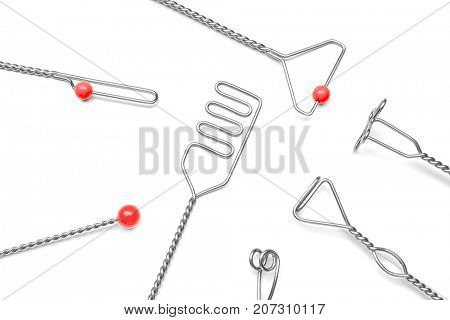 Set of instruments for speech therapist on white background