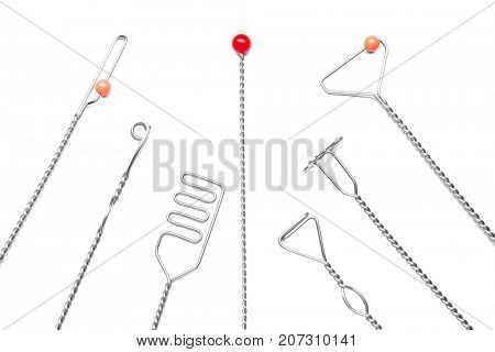 Set of instruments for speech therapist on white background