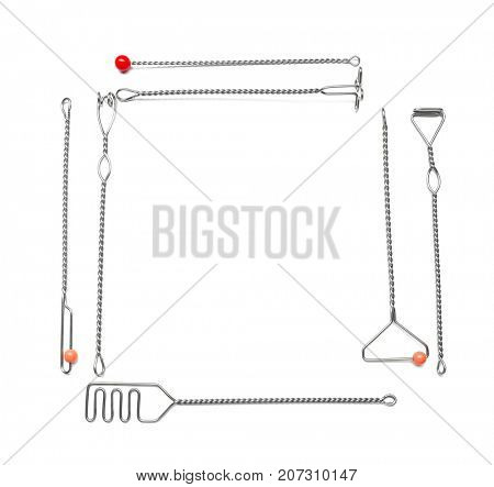 Set of instruments for speech therapist on white background