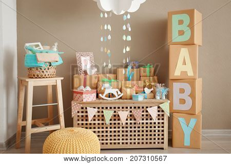 Gifts and decorations for baby shower indoors
