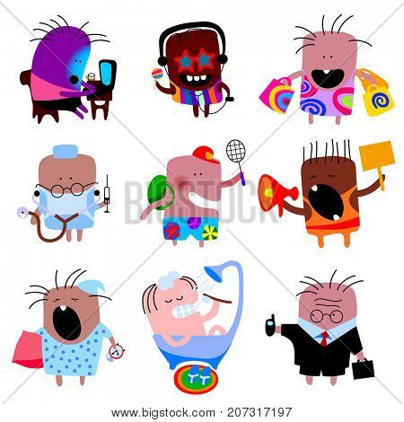 Doodle people cartoon icon set in the form of comic human characters in various life occupations and emotions in flat style on white