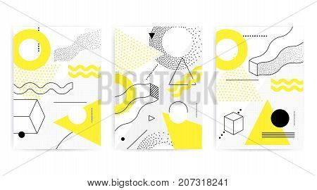 Universal posters collection with bright bold geometric yellow elements, chaotic composition in restrained sustained tempered style. Easy editable clipping mask. Magazine, leaflet, ad, typography, print