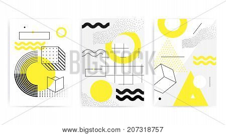 Universal posters collection with bright bold geometric yellow elements, chaotic composition in restrained sustained tempered style. Easy editable clipping mask. Magazine, leaflet, ad, typography, print