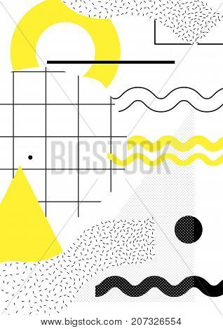 Universal trend poster with bright bold geometric yellow elements, chaotic composition in restrained sustained tempered style. Easy editable clipping mask. Magazine, leaflet, ad, typography, print