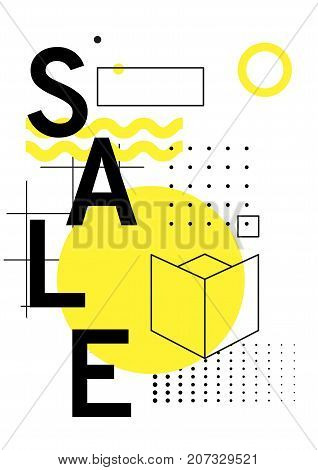 Universal trend poster with bright bold geometric yellow elements, chaotic composition in restrained sustained tempered style. Easy editable clipping mask. Magazine, leaflet, ad, typography, print