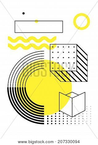 Universal trend poster with bright bold geometric yellow elements, chaotic composition in restrained sustained tempered style. Easy editable clipping mask. Magazine, leaflet, ad, typography, print