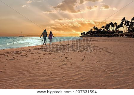 Sunset on Druif beach on Aruba island in the Caribbean Sea