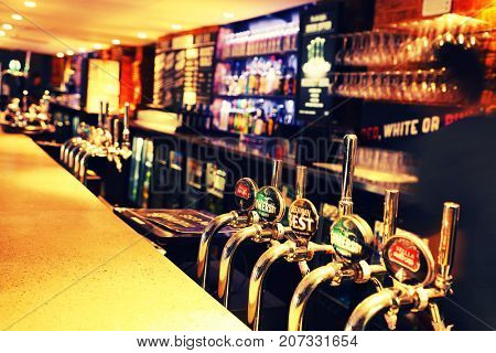 LONDON, UK - SEPTEMBER 21, 2017: Draft Beer in a traditional english pub