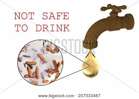 Safety of drinking water concept, 3D illustration showing old tap with dirty water and close-up view of water-borne microbes