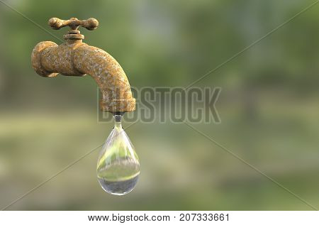 Safety of drinking water concept, 3D illustration showing old tap with water