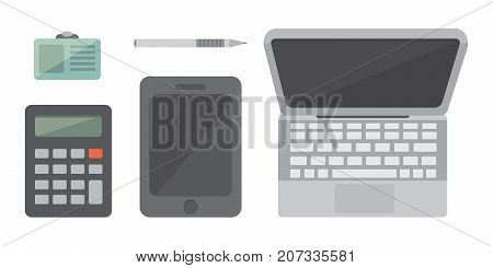 Workplace with mobile devices and documents. Office personal and Business Icons vector set. work table with gadget laptop flat illustration iolated