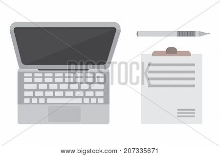 Workplace with mobile devices and documents. Office personal and Business Icons vector set. work table with gadget laptop flat illustration iolated