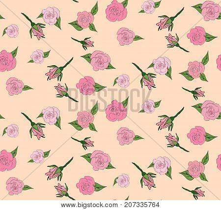 Seamless Floral Background With Bouquets Of Roses. Vintage Pattern For Wallpaper, Fabric, Digital Pa