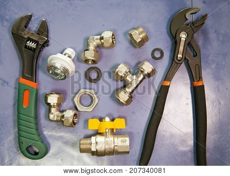 adjust wrench power grip groove joint pillers and elements of water and gas shutoff valves flat lay