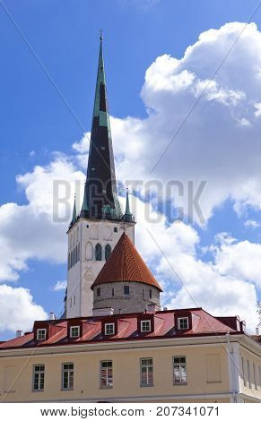 spike of St Olaf (Oleviste) Church and fortification tower. Tallinn Estonia