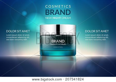Cosmetic cream ads green glossy container isolated on a modern blue background 3d illustration
