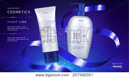 Cosmetic ads template essence bottle with blue ribbon and on the background of a cosmos with elements of stars 3d illustration