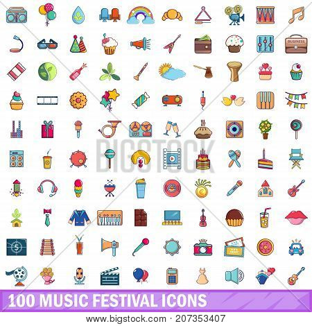 100 music festival icons set in cartoon style for any design vector illustration