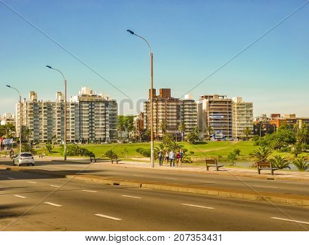 MONTEVIDEO, URUGUAY, JANUARY - 2016 - Modern waterfront apartment buildings exterior view at buceo neighboorhod in Montevideo city Uruguay