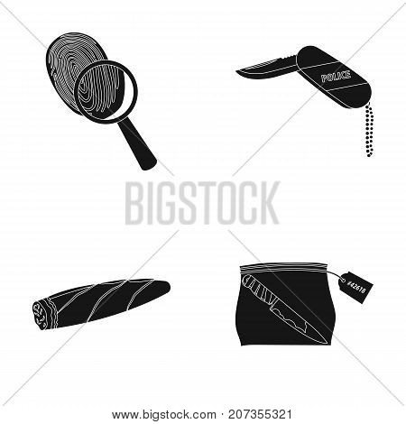 A fingerprint study, a folding knife, a cigar detective, a crime weapon tool in the package. Crime and detective set collection icons in black style vector symbol stock illustration .