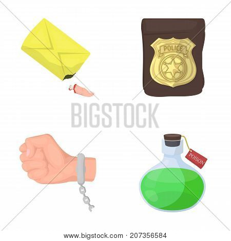 The detective's badge, the handcuff on the criminal's hand, the stump of the finger in the bag, the flask with the poison. Crime and detective set collection icons in cartoon style vector symbol stock illustration .
