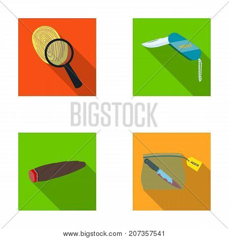 A fingerprint study, a folding knife, a cigar detective, a crime weapon tool in the package. Crime and detective set collection icons in flat style vector symbol stock illustration .