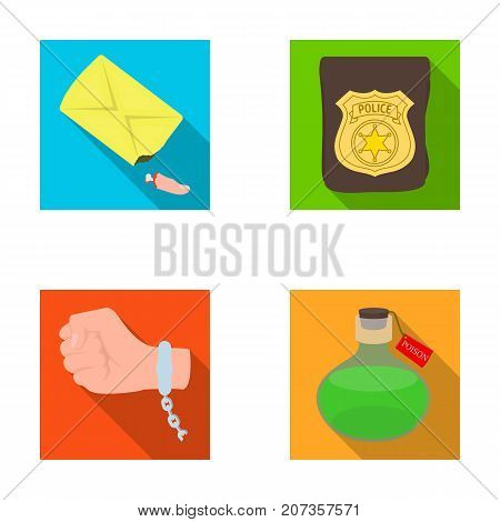The detective's badge, the handcuff on the criminal's hand, the stump of the finger in the bag, the flask with the poison. Crime and detective set collection icons in flat style vector symbol stock illustration .