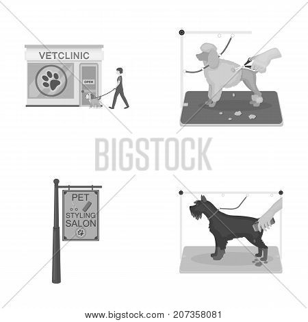 Visiting a vet clinic, a signboard of a stylish salon for a pet, a haircut of dogs. Vet clinic and pet, dog care set collection icons in monochrome style vector symbol stock illustration .